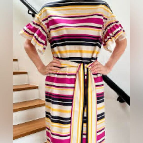 Salvatore Ferragamo 100% cotton Striped Multicolor bell sleeve belted Dress, S - Picture 2 of 13